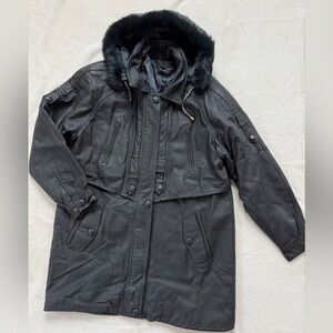 Vintage Genuine Leather Coat with Fur Hood